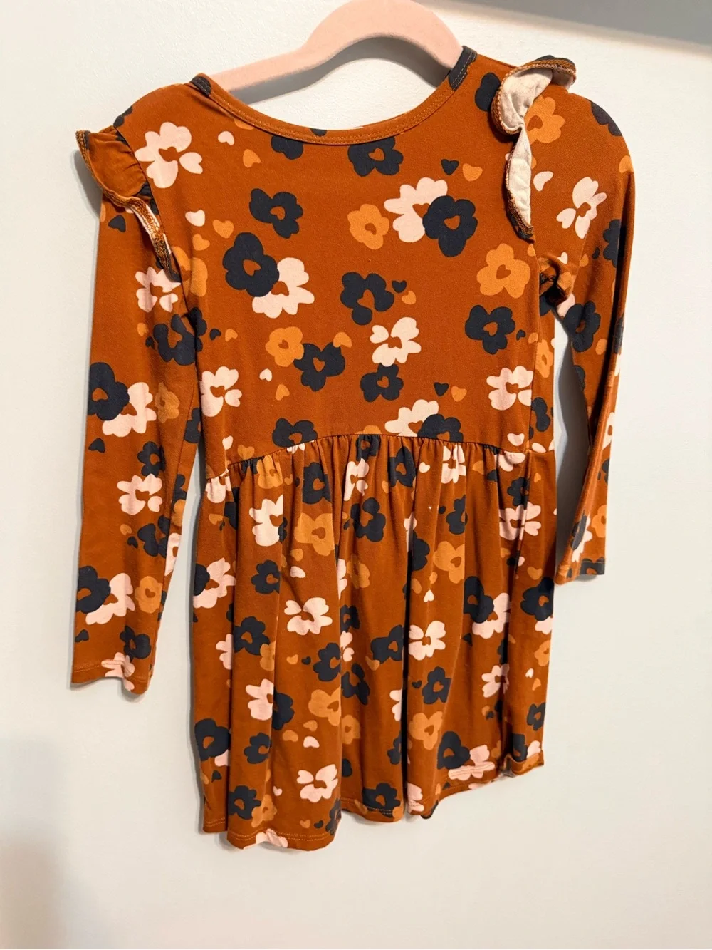Carter's Rust Floral Long-Sleeve Ruffle Dress with Navy & Blush Prints